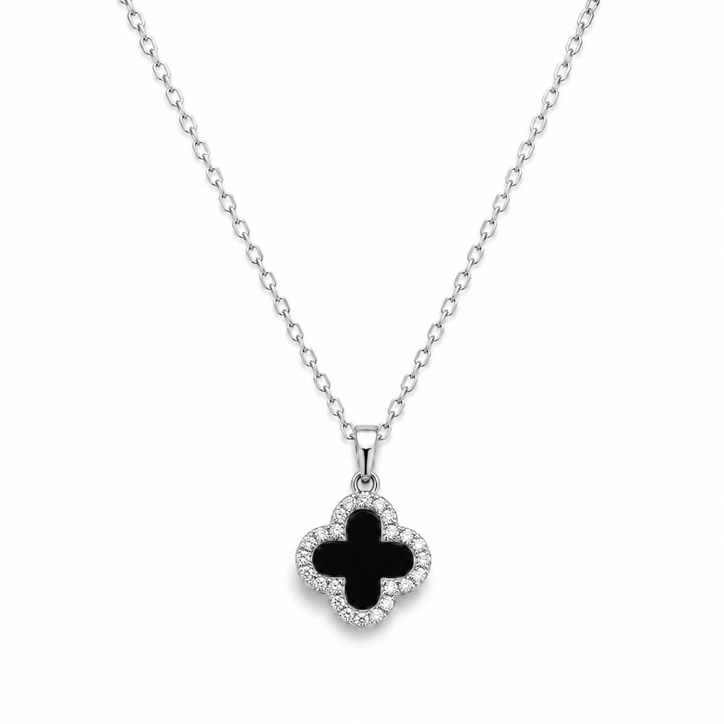 Noir & Ivory Clover Necklace – Silver