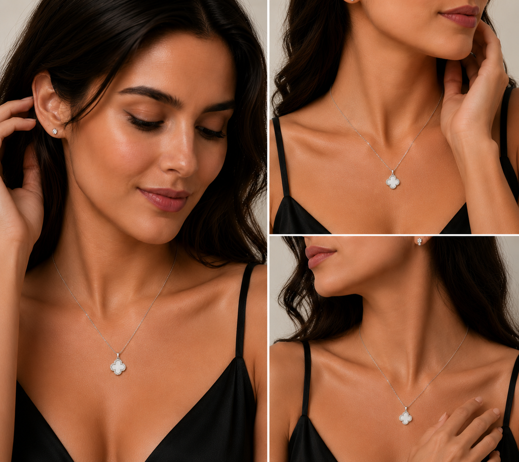 Noir & Ivory Clover Necklace – Silver